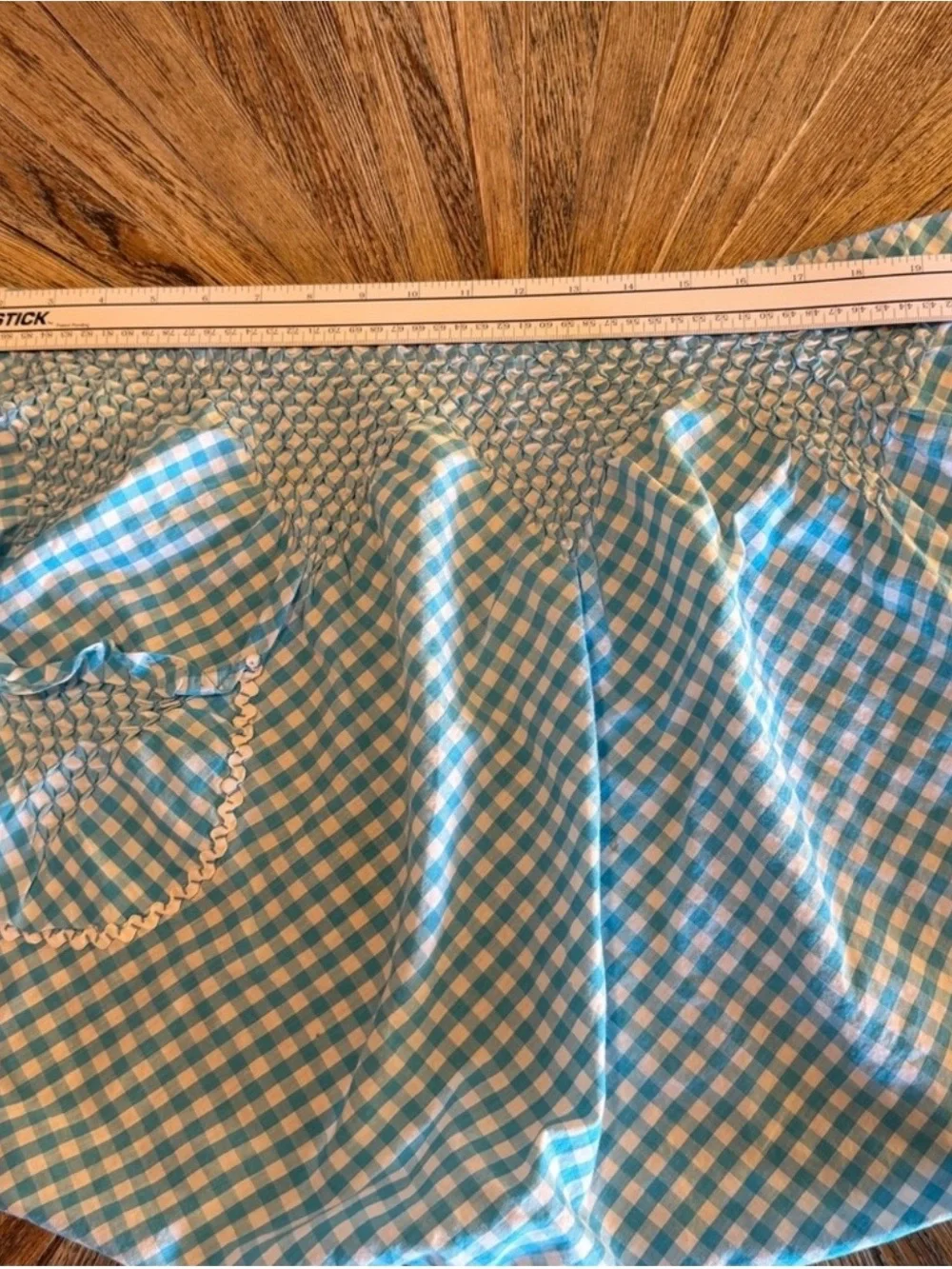 Vintage Blue Gingham Smocked Half Apron Tie Waist Pocket Cottagecore Prairie 50s